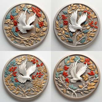 抗战80周年金属艺术摆件，含和平鸽与橄榄枝，平视图，白色背景，对称布局，暖光，高饱和色彩，高清细节，庄重氛围。