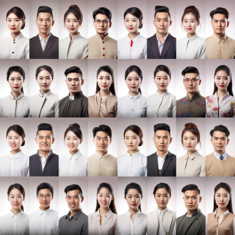 中国男女正面形象，英俊飒爽，白色背景，对称构图，高清画质，正面光，暖色调，自信神情，时尚着装。