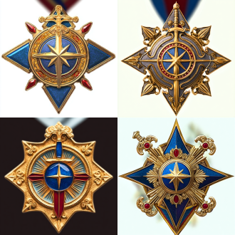 金属奖章，对称构图，复古风格，玻璃展示柜内，冷色调，微距镜头，顶光，清晰细节，庄重。 古剑 珐琅