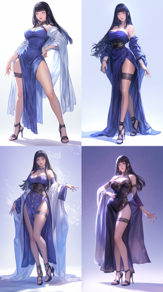 成熟美女，火影忍者日向雏田，站立人物大长腿配高跟鞋，古风场景，三分与中心构图，冷色调，长焦镜头，表情优雅，侧光，静态，古风服饰。