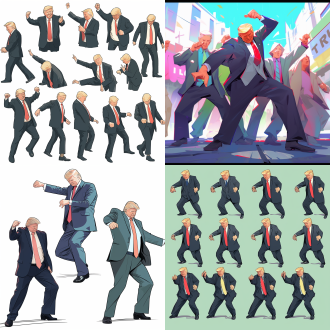 川普经典舞蹈动作，三分法构图，街头环境，冷色调，长焦镜头，顶光，动感姿态，模仿逼真，欢快情绪。