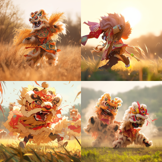 狮子王经典舞蹈动作，三分法构图，草原环境，长焦镜头，暖光，动态模糊，金色鬃毛，威严，活力。