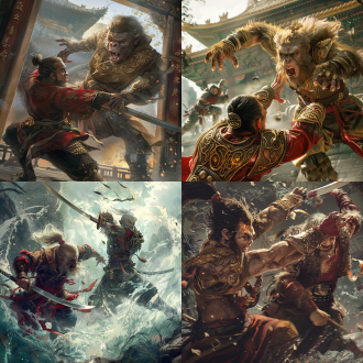 生成一个悟空与二师兄王经典动作