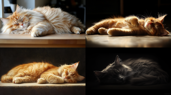 全身照 长毛猫 猫 睡眠的猫 熟睡的猫 全身 在桌面上 全身照 4k高清大图 摄影质感 摄影纪实 消失点构图 暗黄 黑 暖光 斑驳光线 晨光 硬光 背光 全身 居中构图 虚化 充满阳光 厨房