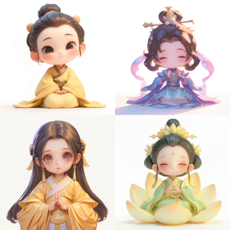 古风小人，q版，极简，多表情多动作，白色背景，柔和光线，简洁线条，对称构图，低饱和度，广角镜头，正面光，静态，可爱，轻松。