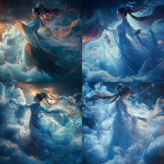 夜晚，身着汉服的仙女，脚踩祥云，在天空翩翩起舞，周围云雾缭绕、仙气飘飘，优雅高级。人物特写，长焦镜头，电影质感，中式赛博，