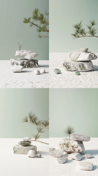 简约风、禅意、白色石头造景，石头没有大纹理，石头纯白，大面积留白，保留参考图原色，高品质，4k，