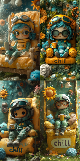 imagine a whimsical scene featuring a cartoon character lounging on a bright yellow chair with the word "chill" on it. the character is dressed in green attire, wearing a helmet and goggles, and holding a coffee cup. surrounding the character are charming elements like a flower with sunglasses, a smiling sun, a blue kitten plushie on a pillow, and a yarn ball. the setting is a lush green grassy area under a clear blue sky, with colorful stars in the background, creating a cheerful and relaxed atmosphere.4k
