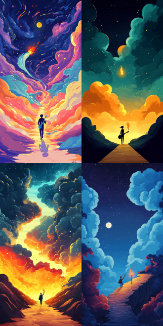 一种探索内心世界的途径。地平线视角，上部天空大面积留白，它可能会描绘一个人在面对自己的不完美、疑惑或困扰时，如何勇敢地撕裂那些束缚自己的旧有观念和情绪，发现了音乐的世界，举着火炬背着吉他，奔向这里，音乐的世界仿佛像绿洲一样，改变了人的态度，从而实现内心的解放和成长。浓重的手绘风格，色彩活泼明亮，扁平风格人物统一 动作不同，高品质，4k