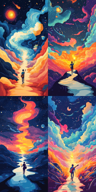 一种探索内心世界的途径。地平线视角，上部天空大面积留白，它可能会描绘一个人在面对自己的不完美、疑惑或困扰时，如何勇敢地撕裂那些束缚自己的旧有观念和情绪，发现了音乐的世界，举着火炬背着吉他，奔向这里，音乐的世界仿佛像绿洲一样，改变了人的态度，从而实现内心的解放和成长。浓重的手绘风格，色彩活泼明亮，扁平风格人物统一 动作不同，高品质，4k