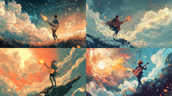 奇幻插画风格，超现实元素，梦幻氛围，细腻笔触，一种探索内心世界的途径。地平线视角，上部天空大面积留白，它可能会描绘一个人在面对自己的不完美、疑惑或困扰时，如何勇敢地撕裂那些束缚自己的旧有观念和情绪，发现了音乐的世界，举着火炬背着吉他，奔向这里，音乐的世界仿佛像绿洲一样，改变了人的态度，从而实现内心的解放和成长。浓重的手绘风格，色彩活泼明亮，扁平风格人物统一 动作不同，高品质，4k
