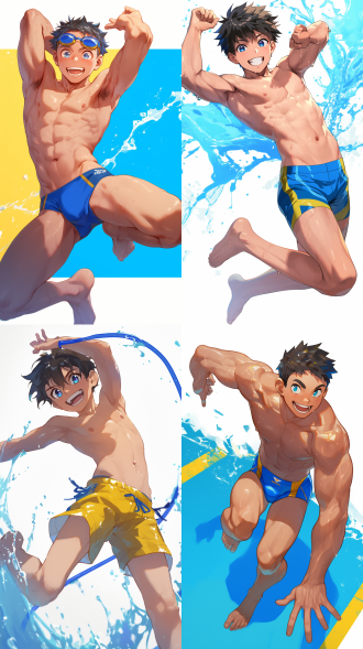 白色背景，18岁男泳装，全身，流畅的肌肉线条，动感，精致的脸部，蓝黄配色，超细节，8k,16k，超清晰细节，写真摄影，欢快动感，明亮色彩，生动表情，细节丰富，数字艺术，创意设计，灯光效果，童真情感，