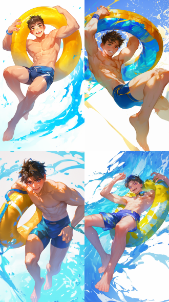 白色背景，18岁男泳装，全身，流畅的肌肉线条，动感，游泳圈，手帕精致的脸部，蓝黄配色，超细节，8k,16k，超清晰细节，写真摄影，欢快动感，明亮色彩，生动表情，细节丰富，数字艺术，创意设计，灯光效果，童真情感，