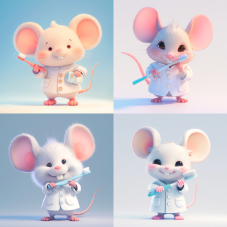 3d卡通ip老鼠，白色背景，白色门牙，看向镜头，精致脸部，白大褂，牙刷在手，泡泡玛特配色，黏土材料，辛烷值渲染，超细节，8k,16k，模型摄影，明亮色彩，生动表情，细节丰富，数字艺术，创意设计，灯光效果，童真情感，全身角色，正视。