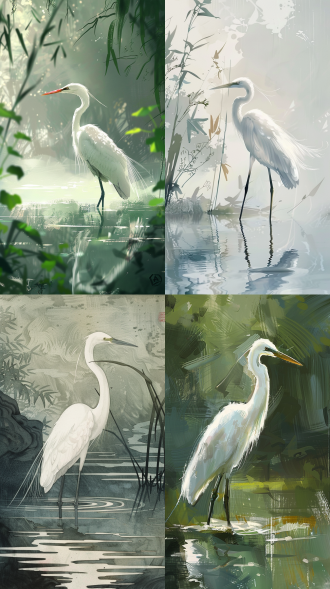 水面站着一只白鹭，工笔画风，线条细腻，光影柔和，自然环境，长焦距，正面采光，静态捕捉，和谐，色彩微妙，宁静，中国画。