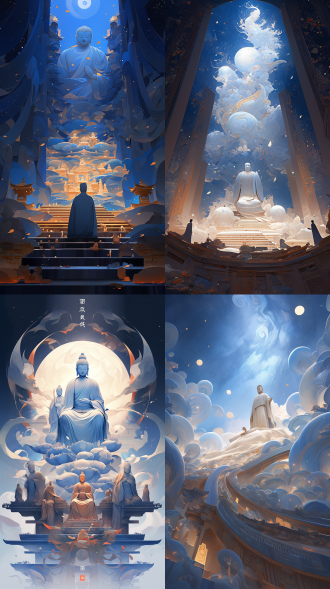 敦煌艺术风格插图，蓝调，神秘佛像站在长长的古代经卷上，佛教经文，禅意，璀璨的星空，光影交错，渐变的蓝色，蓝与橙，古韵白，宏伟壮丽场面，流畅的动作，极其精致的笔触，柔和顺滑，干净的背景，历史绘画，3d渲染。