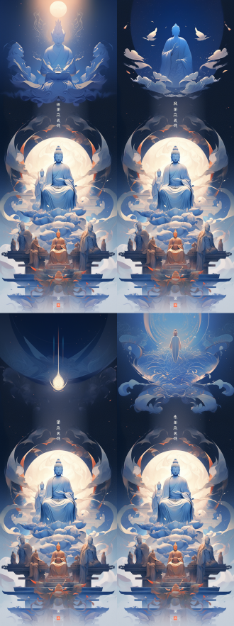 敦煌艺术风格插图，蓝调，神秘佛像站在长长的古代经卷上，佛教经文，禅意，璀璨的星空，光影交错，渐变的蓝色，蓝与橙，古韵白，宏伟壮丽场面，流畅的动作，极其精致的笔触，柔和顺滑，干净的背景，历史绘画，3d渲染。