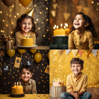 小孩过生日，居中构图，背景墙前，暖黄调，长焦镜头逆光，小孩微笑许愿，温馨欢快氛围。