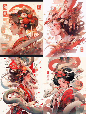 蛇年新年海报，宫殿屋檐年画元素，勾填套印技法，传统色谱，京剧脸谱配ai线条，日晷与数字粒子，时空交错，暖光，复古风。