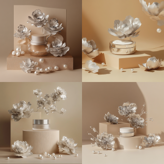 美白护肤品摄影，米色背景，银色机械牡丹、珍珠散落，乳液置优雅平台，迷幻渐变，机械未来风，高光影对比，超现实构图。