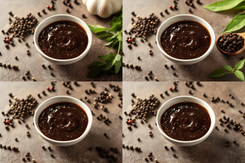 浅暖背景前浓稠丝滑黑胡椒酱碗，有打碎胡椒颗粒，居中构图，微距镜头，暖光，高饱和度，强质感，诱人。