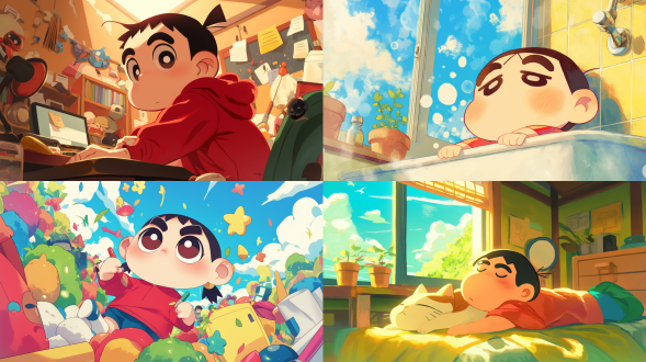 蜡笔小新，摆烂，可爱，绘画风格，8k画质。