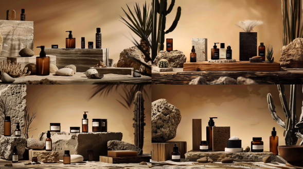 "一幅充满自然禅意的沙漠风格静物场景，温暖的渐变背景营造出柔和且富有层次感的光影氛围。画面由粗粝天然岩石、不规则切割的木质结构和极简风格的混凝土块构成，交错摆放形成和谐的构图。投下优雅的剪影，与粗粝材质形成微妙对比，增强场景的原始美感。整体呈现出现代极简主义与自然元素融合的高级视觉风格，适用于高端设计、品牌展示或静物摄影艺术作品。"