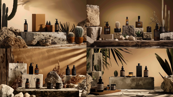 "一幅充满自然禅意的沙漠风格静物场景，温暖的渐变背景营造出柔和且富有层次感的光影氛围。画面由粗粝天然岩石、不规则切割的木质结构和极简风格的混凝土块构成，交错摆放形成和谐的构图。投下优雅的剪影，与粗粝材质形成微妙对比，增强场景的原始美感。整体呈现出现代极简主义与自然元素融合的高级视觉风格，适用于高端设计、品牌展示或静物摄影艺术作品。"