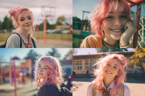 可爱的欧美女高中生，粉色的发色，人物特写，学校操场里微笑摆姿势，三分构图，宝丽来滤镜，自然光，青春活泼。