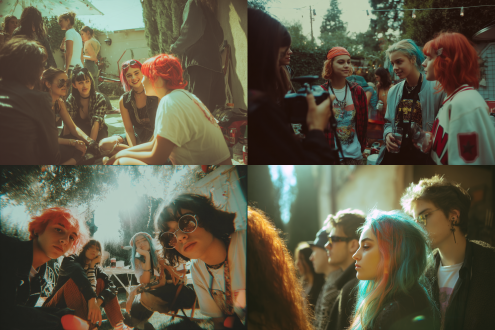 日常派对聚会里面的人物染着不同的发色，室外场景，超现实主义，宝丽来滤镜，自然光，青春活泼。