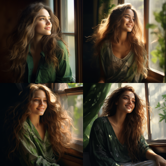 一个微笑的长头发女生，眼睛看向窗户，绿色清新风格，自然打光