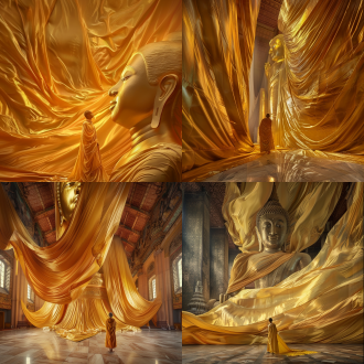 巨大佛像覆盖金色丝绸，丝绸垂落飘浮，金色袈裟僧人立于丝绸上，超广角，极简风格，超写实摄影，金色丝绸，佛像庄严，僧人沉思，金色与棕色，宁静与神圣。
