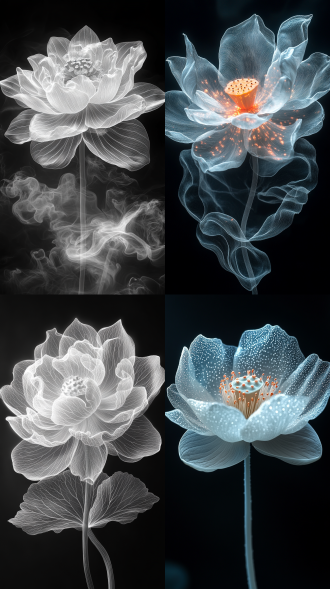 minimalism and abstract illustration, black background, ballpoint drawing art style, white, capillary effect, extremely close-up shot to fluorescent white lotus, white patter with gradient translucent, highlight effect, chinese ink painting style, chinese xuan paper texture, light penetrate the air, fractals effect, phosphore scence effect