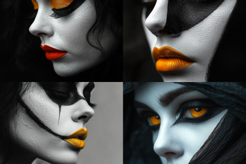 woman with white face makeup and yellow lips, in the style of black and white mastery, uhd image, dima dmitriev, kinuko y. craft, dark atmosphere, bold color blends, dali, photo - realistic, hyper - realistic
