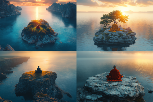 in this serene setting, the camera captures a panoramic view of a small island, entirely surrounded by the vast sea. at the heart of this island, a monk sits in deep meditation, their presence a focal point amidst the natural beauty. this unique perspective emphasizes the meditator's connection to the island and the surrounding ocean, portraying a profound sense of isolation and tranquility. as the sun sets, casting a golden hue over the scene, the entire island is bathed in a warm, inviting light. the meditator, positioned at the center of the island, appears as a beacon of calm, their silhouette softly outlined by the sun's fading rays. this setting not only highlights the physical beauty of the island and the ocean but also captures the essence of meditation - a deep connection with the self and the surrounding nature. the camera's perspective allows viewers to appreciate the vastness of the ocean encircling the island, reinforcing the meditator's solitude and the expansive space for introspection this environment provides. this view not only showcases the harmony between the meditator and nature but also invites viewers to experience a sense of peace and solitude, offering a momentary escape to a place of inner calm and reflection.