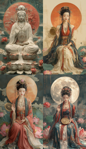 chinese painting, a meticulous depiction of the guanyin bodhisattva sitting cross-legged on a lotus flower, with the moon behind her. she holds an open gong in one hand and a vajra wheel amulet around her neck, wearing colorful . her face is beautiful, with a white skin tone, and her posture is elegant. the full-body portrait is set against a background of colorful clouds and layered lotuses, showcasing high-definition details.