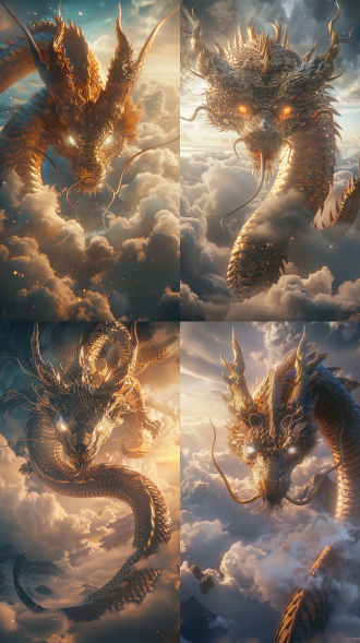 mystic snake, dragon horns, eyes with flowing light, soaring on clouds, cinematic quality, mysterious eastern aesthetics, 8k high definition, grandiose landscapes, fine hair, solemn expressions, details, golden scales, wide-angle shots, soft side lighting, mysterious atmosphere, solemnity, gold and deep blue tones, mystery and majesty, full frontal view, full body, stunning, cg, 3d, unreal engine, fantasy world.