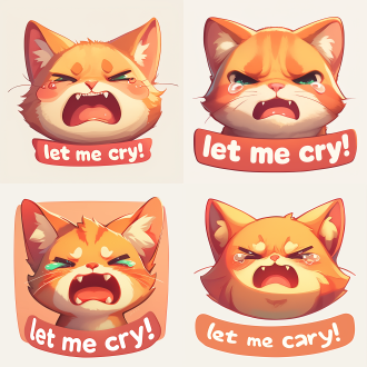 crying expression of the cute little orange cat, cartoon, emoji, with letters of "let me cry!", anthropomophic style, white background, illustration