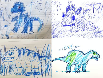 poor-quality chldren's drawing with a ballpoint pen in blue ink of a dinosaur in the style of a primitive linear drawing of a 4-year-old child, simple incorrect lines, errors, 2d