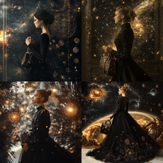 一个成熟的女孩侧脸，穿着黑色的长裙，手里拿着lv包包，背景是宇宙，周围有美丽的金属装饰，强烈的发射，美丽，大方