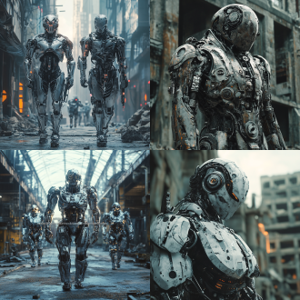 机甲战士，金属质感，未来科技，城市废墟，冷色调，超广角镜头，逆光，高速快门，战斗姿态，力量感，机械细节，科技感。