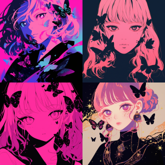 20世纪70年代的动漫少女，圆脸，粉色轮廓，被黑色蝴蝶包围，极简风格，金箔叠加风格，霓虹灯注入数码主义，暗色浪漫插画，特写，暗黑与粉白，哑光黑色背景，正视镜头