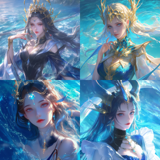 动漫cg艺术，皇室女性，精致面容红唇，网红脸，神秘女武神，奇幻4k，黄光剑风格，海之女王，湿婆，花城，细腻肌肤质感，深邃眼神，华丽头饰，海洋背景，动态水波，冷暖色调对比，高光细节，柔光效果，神秘氛围