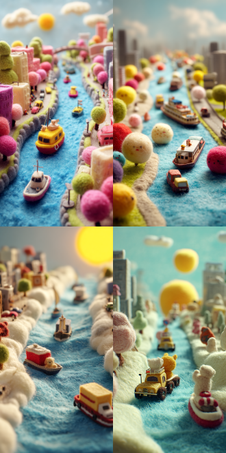毛茸茸的珠江，轮船，汽车，太阳，上海，干净的画面，jellycat，干净的背景，景深，毛毡画，羊毛毡，鲜艳的色彩，童趣，异想天开的，蓬松的，定格动画，微缩景观