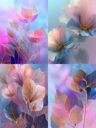 插画，超级抽象艺术，朦胧之美，治愈配色，结合渐变色彩与流动线条。柔和的自然光。半透明抽象淡淡粉蓝渐变色花朵和叶，叶脉与花脉，极其细致、极其质感，细细金线精致修边，背景为渐变的蓝色与粉色，极简主义，大师作品。