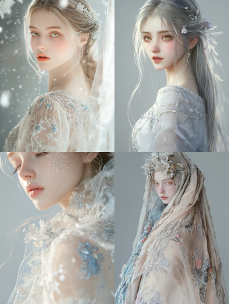 背景透明，大家闺秀，亭亭玉立，华丽光影 ，高雅气质，柔和灯光，8k超清画质，身着雪纱长裙，银丝刺绣花瓣纹路，衣袂飘动透光；苍白肌肤带泪痕，粉蓝色长发，瞳孔浅金色；浅色羽毛发饰，发光的眼睛，半身镜头，流体艺术，高细节，仙气，纱制衣服。楚楚可怜，忧郁，香肩微露，近景，面部特写