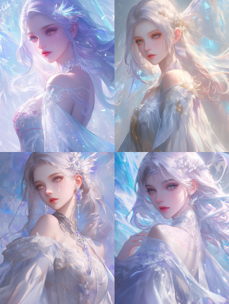 背景透明，大家闺秀，亭亭玉立，华丽光影 ，高雅气质，柔和灯光，8k超清画质，身着雪纱长裙，银丝刺绣花瓣纹路，衣袂飘动透光；苍白肌肤带泪痕，粉蓝色长发，瞳孔浅金色；浅色羽毛发饰，发光的眼睛，半身镜头，流体艺术，高细节，仙气，纱制衣服。楚楚可怜，忧郁，香肩微露，近景，面部特写