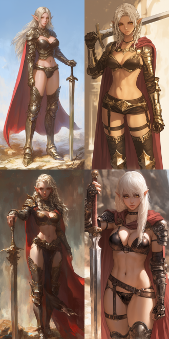 身材高挑的女性，精灵耳朵，古铜色肌肤，白金色头发，金色眼睛，罗马披风，皮革比基尼，肩部护甲，臂甲，腿部护甲，手持大剑，战斗姿态，力量感，对称构图，高光阴影，户外战场，暖色调，长焦镜头，侧光，动态模糊，自信，勇敢。