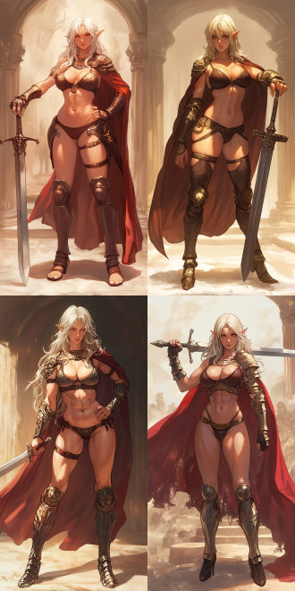 身材高挑的女性，精灵耳朵，古铜色肌肤，白金色头发，金色眼睛，身材饱满，成熟女性，古罗马军团的披风，皮革比基尼，肩部护甲，臂甲，腿部护甲，手持大剑，战斗姿态，力量感，对称构图，高光阴影，古罗马风格的建筑背景，暖色调，长焦镜头，侧光，动态模糊，自信，勇敢。