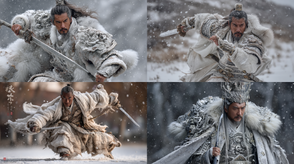 国风古代名将岳飞，白色破损盔甲，挥舞唐刀风雪中舞刀，动作干练一身英气，半身照银白色调超写实风格超多细节胶片级画质摄影纪实oc渲染器电影风格照片写实黑半身电影灯光武侠动态冲向镜头